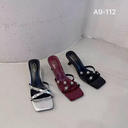 Crystal Flower Embedded Criss Cross Slid On Open Toe Heel